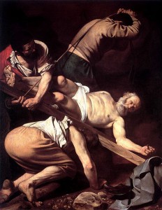 Caravaggio: La crocifissione di San Pietro cm. 230 x 175, Chiesa di Santa Maria del Popolo, Roma.